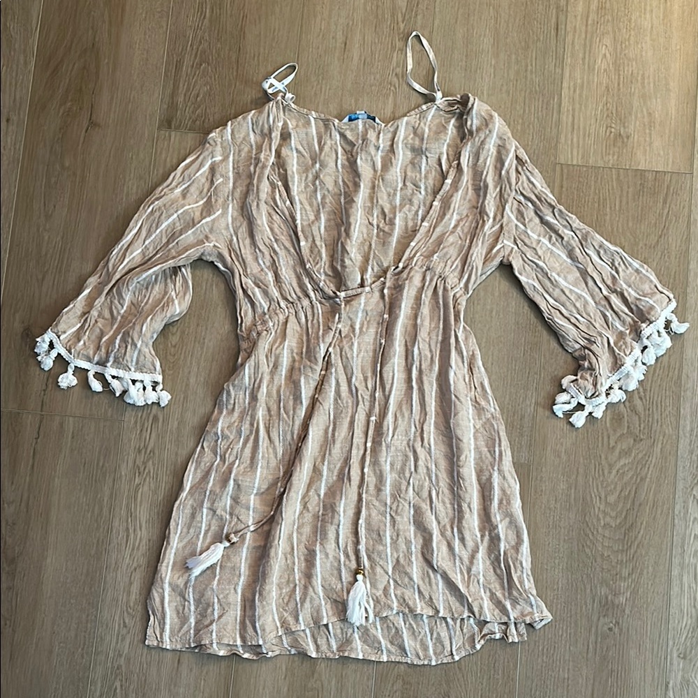 Light Tan Striped Tassel Cover-Up Dress